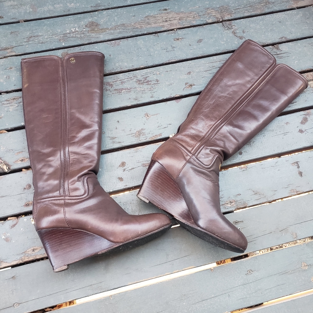 Tory Burch Leather Dark Brown Irene Wedge Boots 8.5